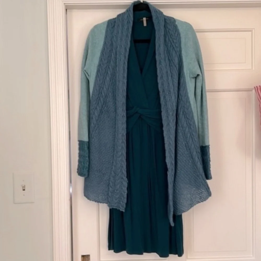 Anthropologie Regan Mix Stitch Knitted Knotted Cardigan Teal + Sea Green Small
